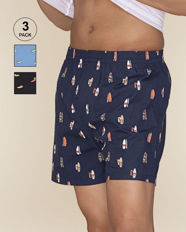 Shop Pack of 3 Men's Blue & Black All Over Printed Boxers-Front
