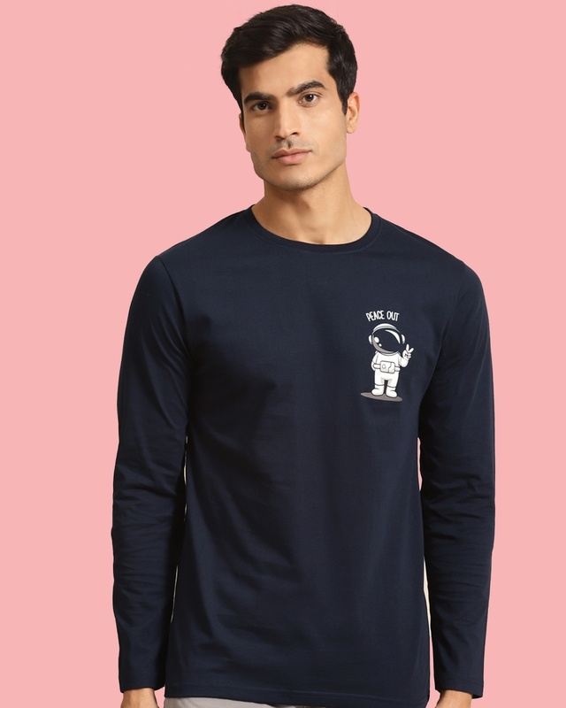 Shop Men's Blue Peace Out Astronaut Graphic Printed T-shirt-Front