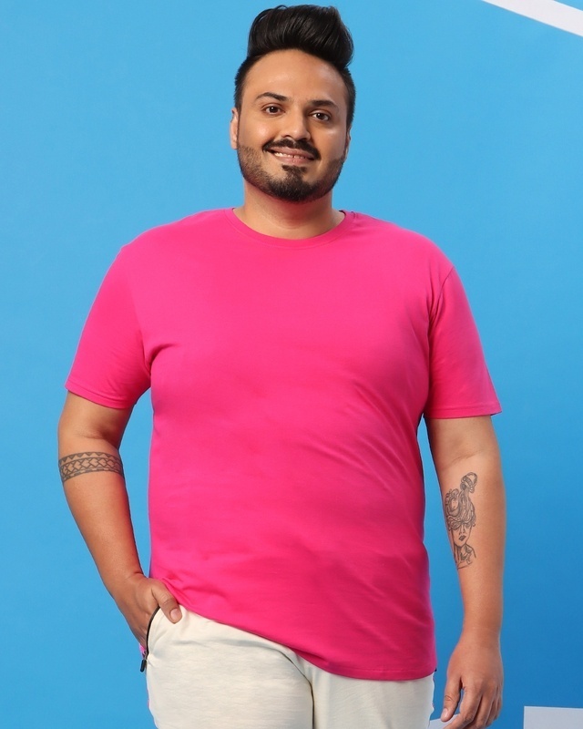 Shop Peppy Pink Plus Size Round Neck Hem T-Shirt-Front