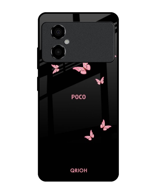 Shop Pink Butterfly Printed Premium Glass Case for Poco M4 5G (Shock Proof,Scratch Resistant)-Front