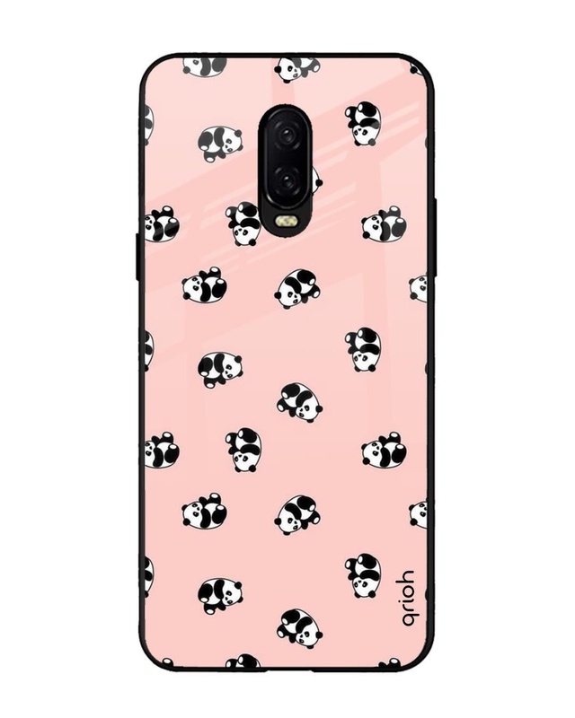 Shop Pink Panda Pattern Premium Glass Case for OnePlus 6T (Shock Proof, Scratch Resistant)-Front