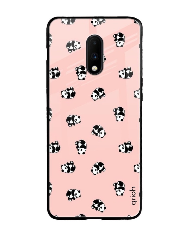 Shop Pink Panda Pattern Premium Glass Case for OnePlus 7 (Shock Proof, Scratch Resistant)-Front