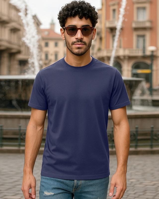 Shop Plain Blue Solid Regular Fit Men's T-shirt-Front