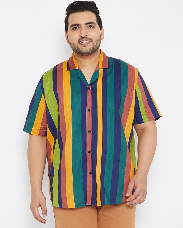 Shop Plus Size Men's Stylish Striped Half Sleeve Casual Shirt-Front
