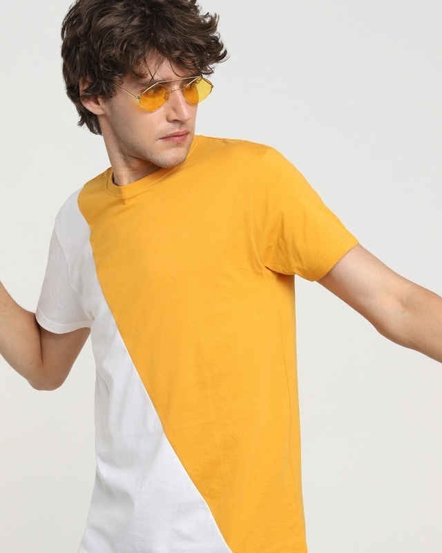Shop Men's Popcorn Yellow & White Color Block T-shirt-Front