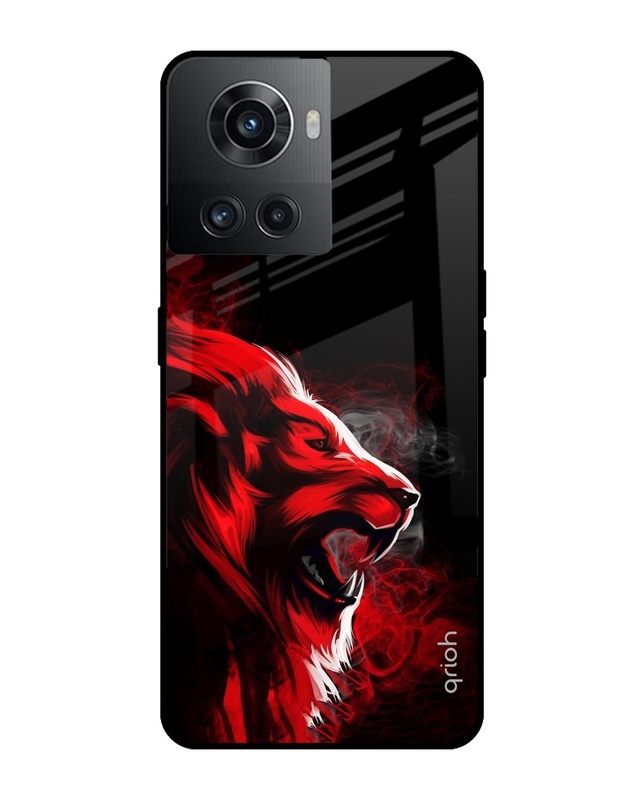 Shop Red Angry Lion Printed Premium Glass Cover For OnePlus 10R 5G (Impact Resistant, Matte Finish)-Front
