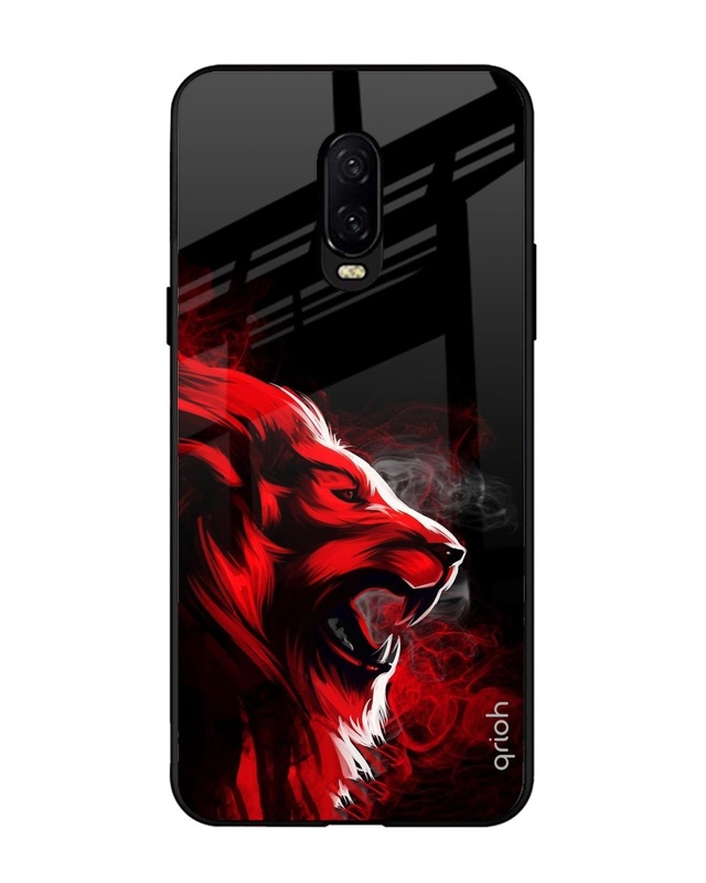 Shop Red Angry Lion Printed Premium Glass Cover For OnePlus 6T (Impact Resistant, Matte Finish)-Front