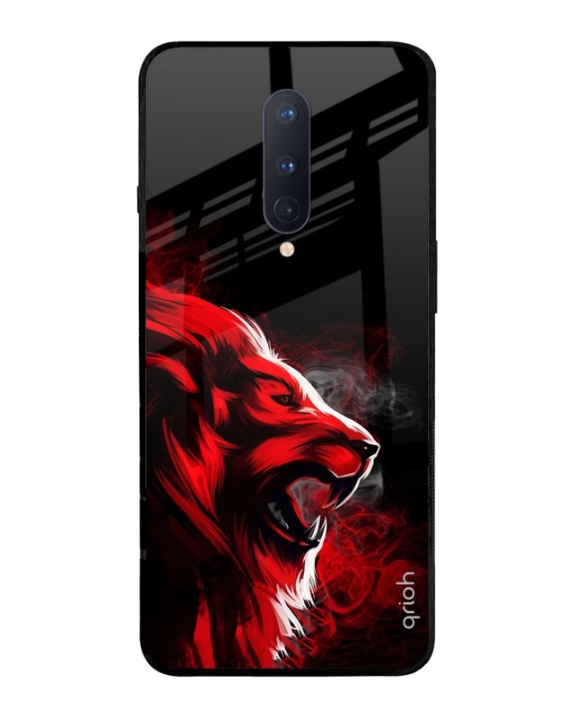 Shop Red Angry Lion Printed Premium Glass Cover For OnePlus 8 (Impact Resistant, Matte Finish)-Front