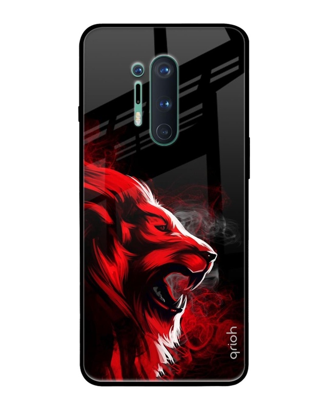 Shop Red Angry Lion Printed Premium Glass Cover For OnePlus 8 Pro (Impact Resistant, Matte Finish)-Front