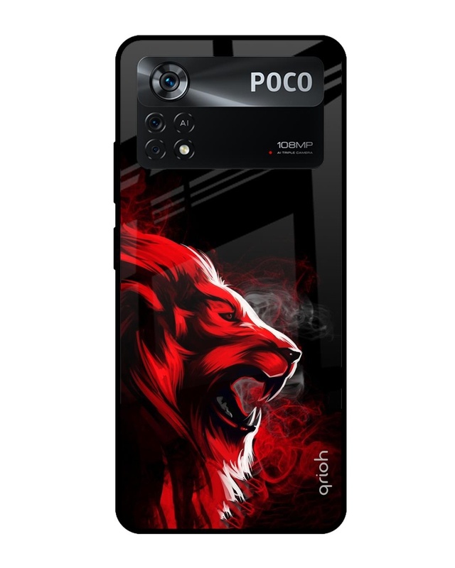 Shop Red Angry Lion Printed Premium Glass Cover for Poco X4 Pro 5G (Shock Proof, Scratch Resistant)-Front