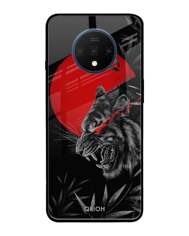 Shop Red Moon Tiger Printed Premium Glass Cover For OnePlus 7T (Impact Resistant, Matte Finish)-Front