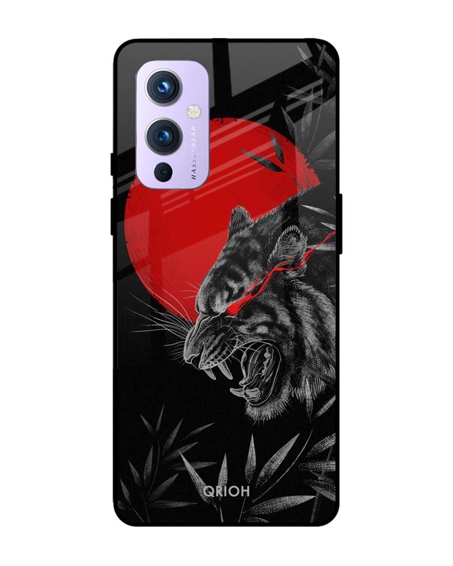 Shop Red Moon Tiger Printed Premium Glass Cover For OnePlus 9 (Impact Resistant, Matte Finish)-Front