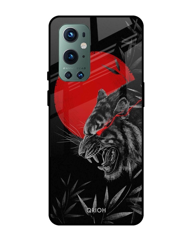 Shop Red Moon Tiger Printed Premium Glass Cover For OnePlus 9 Pro (Impact Resistant, Matte Finish)-Front