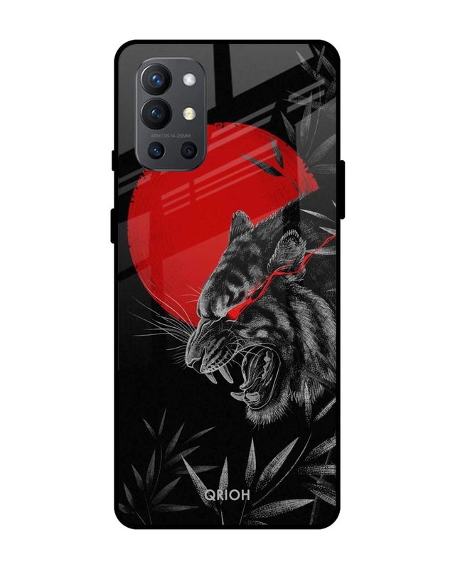Shop Red Moon Tiger Printed Premium Glass Cover For OnePlus 9R (Impact Resistant, Matte Finish)-Front