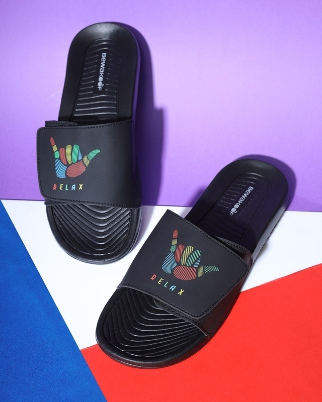 Shop Men's Black Relax Printed Adjustable Strap Comfysole Sliders-Front
