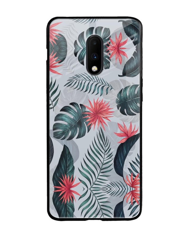 Shop Retro Floral Leaf Premium Glass Case for OnePlus 7 (Shock Proof, Scratch Resistant)-Front