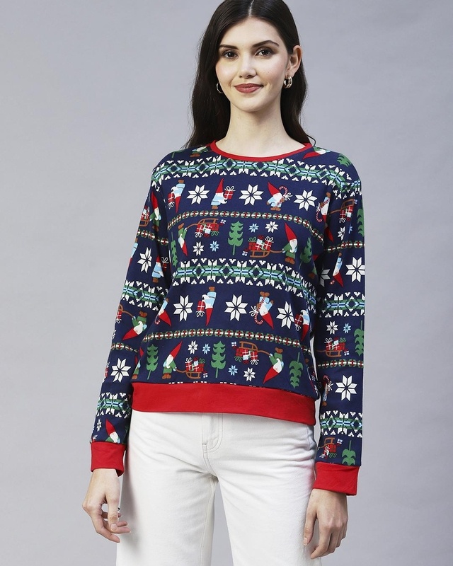 Shop Rigo Women's Blue Christmas Printed Slim Fit Top-Front