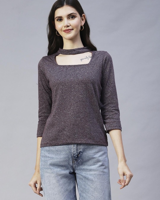 Shop Rigo Women's Wine Self Designed Slim Fit Top-Front