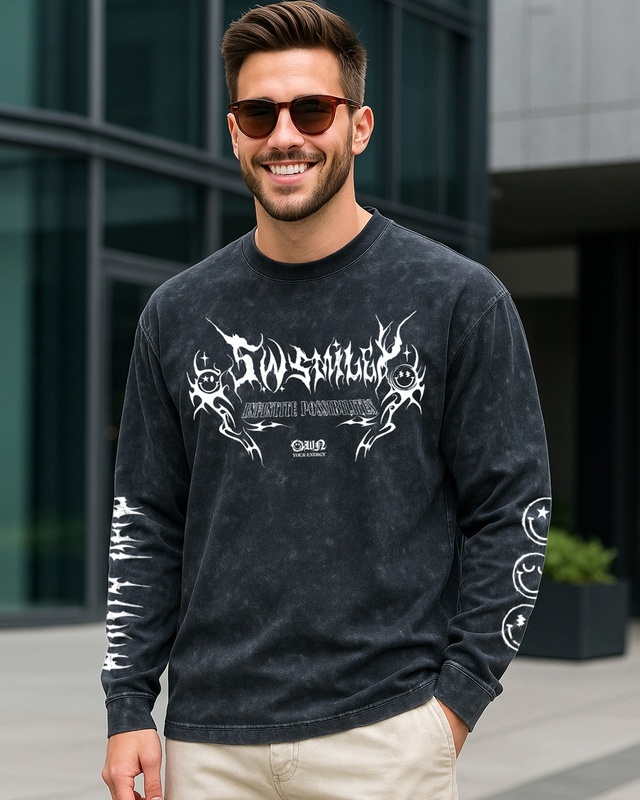 Shop S.W.Smiley Men's Black Chaos Graphic Printed Oversized Acid Wash T-Shirt-Front