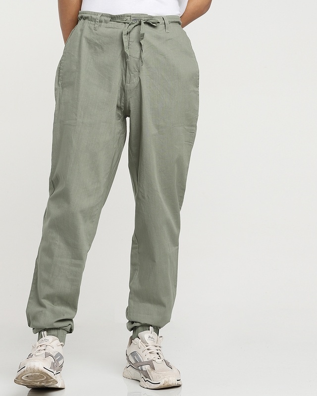 Shop Sage Green Cotton Jogger Pants-Front