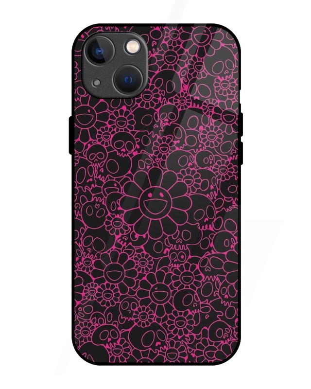 Skull Flowers Premium Glass Cover for Apple iPhone 13-Front Bewakoof Shop Skull Flowers Premium Glass Cover for Apple iPhone 13-Front