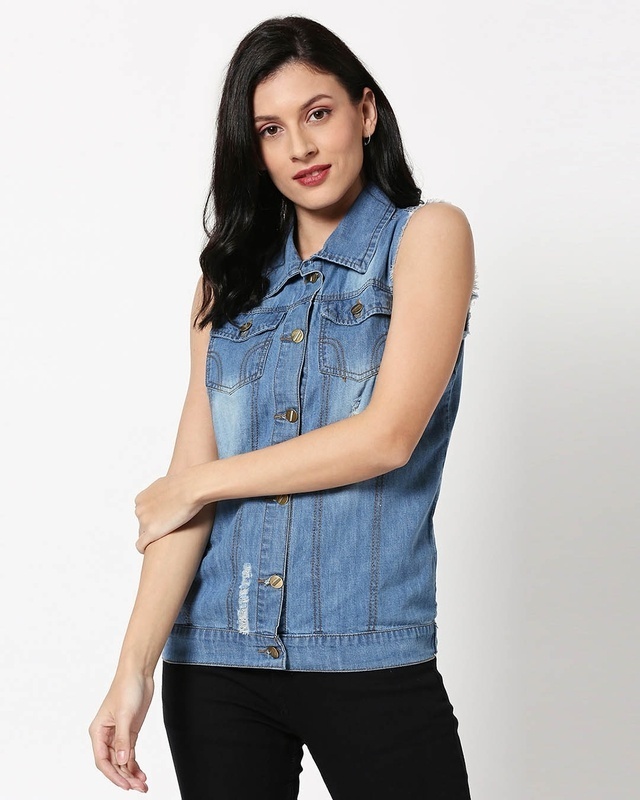 Shop Women's Blue Relaxed Fit Denim Jacket-Front