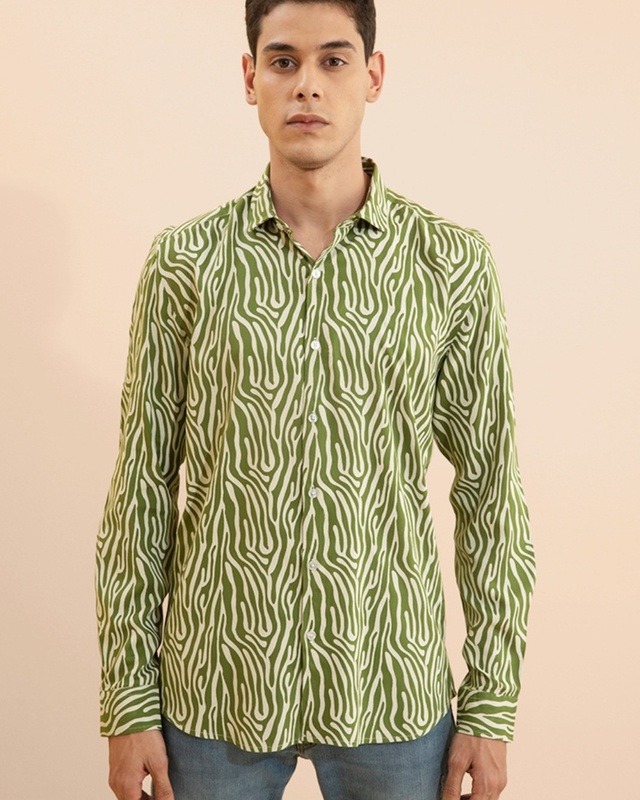 Shop Snitch Men's Green All Over Printed Slim Fit Shirt-Front