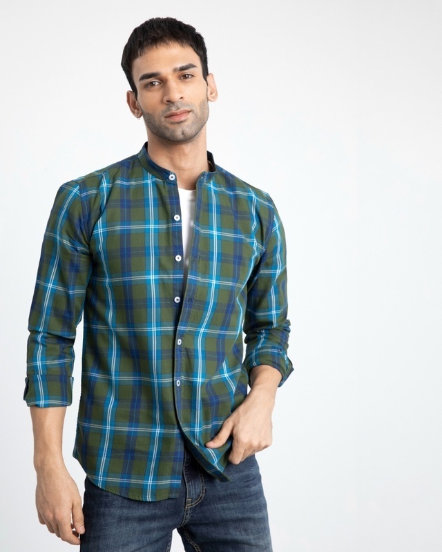 Shop Snitch Men's Green Checked Slim Fit Shirt-Front