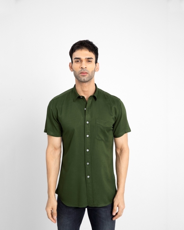 Shop Snitch Men's Green Slim Fit Cotton Blend Shirt-Front