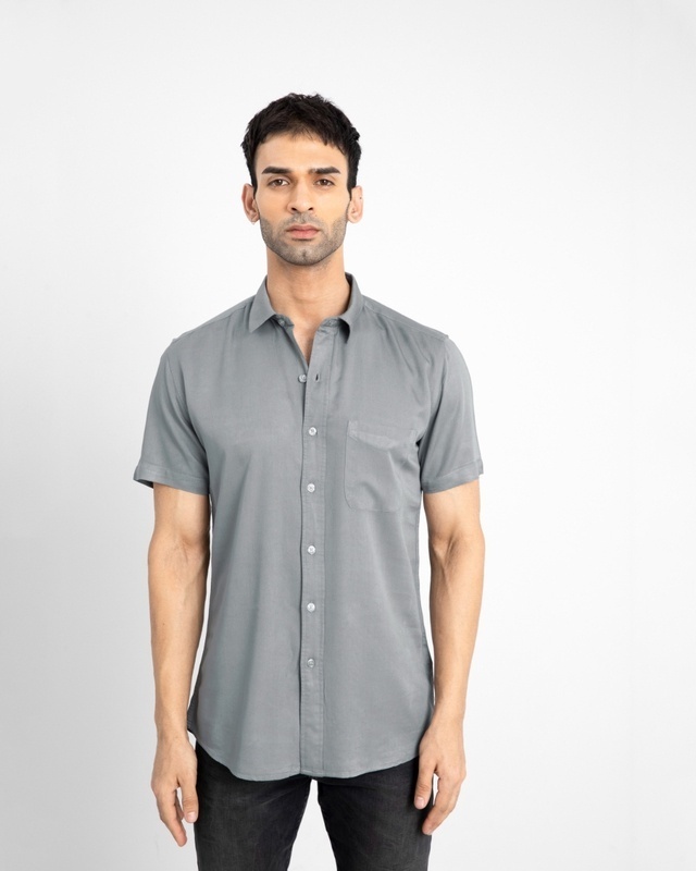 Shop Snitch Men's Grey Slim Fit Cotton Blend Shirt-Front