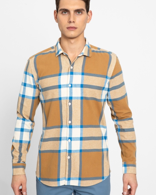 Shop Snitch Men's Mustard Checked Slim Fit Shirt-Front