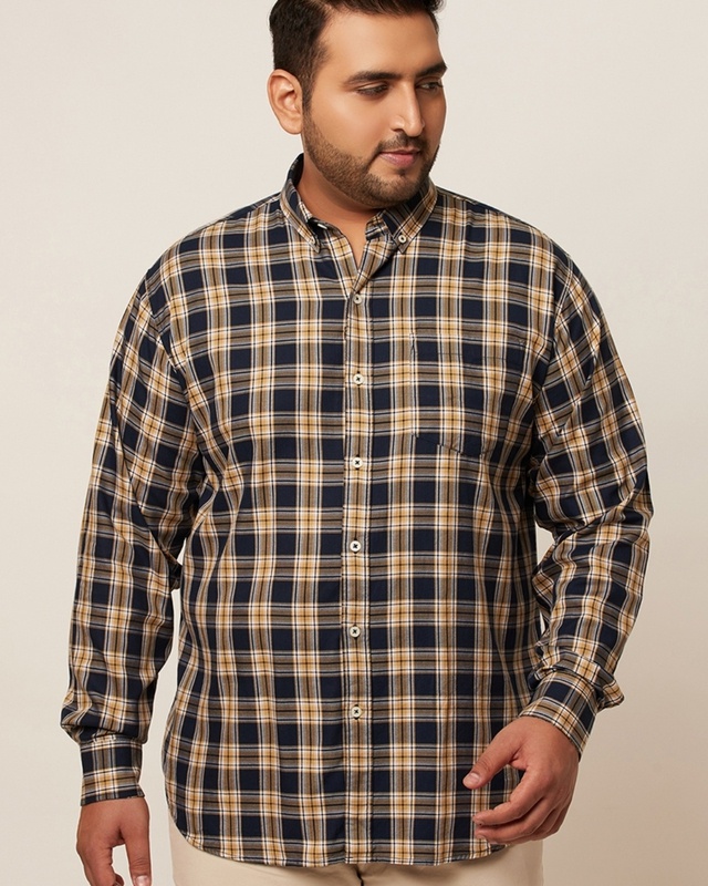 Shop Snitch Men's Navy Checked Slim Fit Shirt-Front