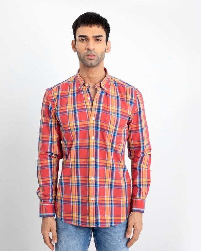 Shop Snitch Men's Red Checked Slim Fit Shirt-Front
