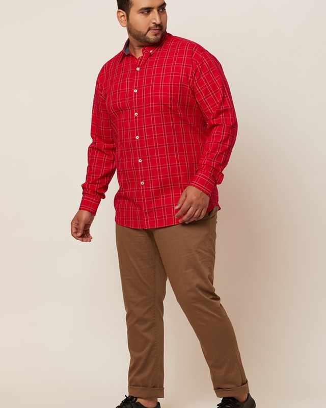 Shop Snitch Men's Red Checked Slim Fit Shirt-Front