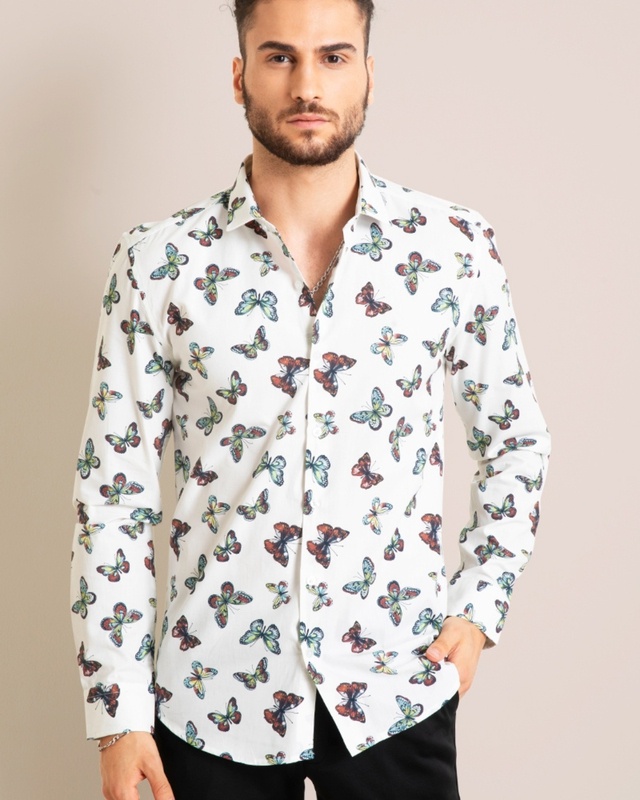Shop Snitch Men's White All Over Butterfly Printed Slim Fit Shirt-Front