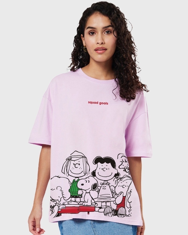 Shop Women's Purple Snoopy Squad Graphic Printed Oversized T-shirt-Front