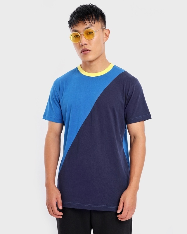 Shop Men's Blue Color Block T-shirt-Front