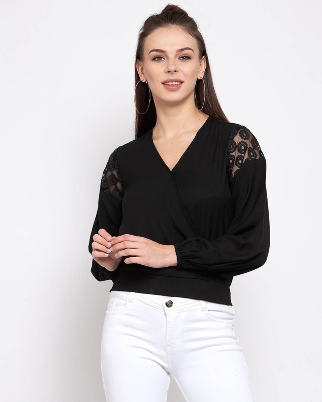 Shop Style Quotient Black Puff Sleeves Crepe Wrap Top-Front