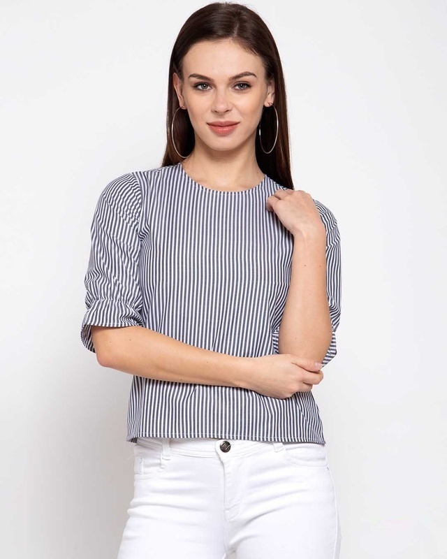 Shop Style Quotient Blue Striped Puff Sleeves Top-Front
