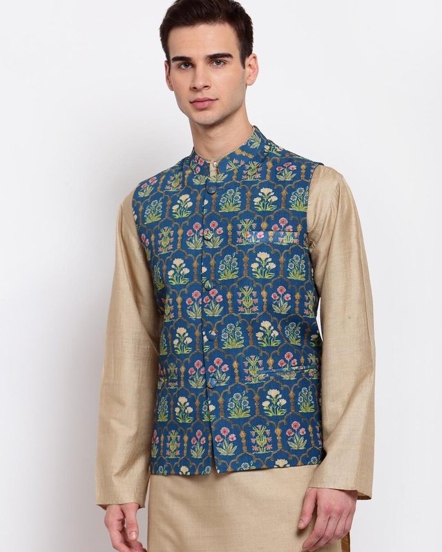 Shop Style Quotient Men's Blue Floral Printed Nehru Jacket-Front