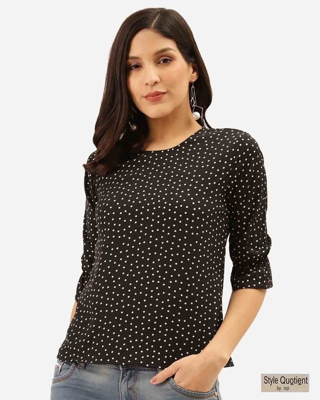 Shop Style Quotient Women Black & White Polka Dot Print Regular Top-Front