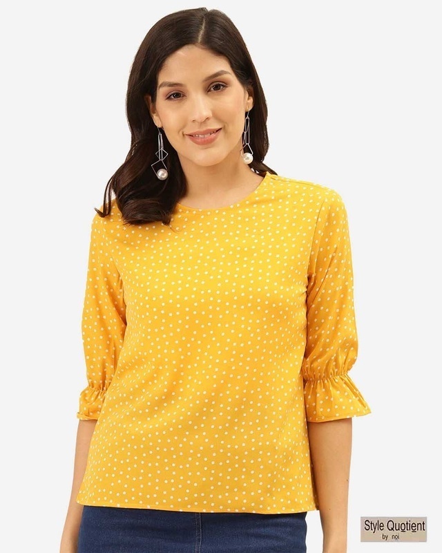 Shop Style Quotient Women Mustard Yellow & White Polka Dot Print Regular Top-Front