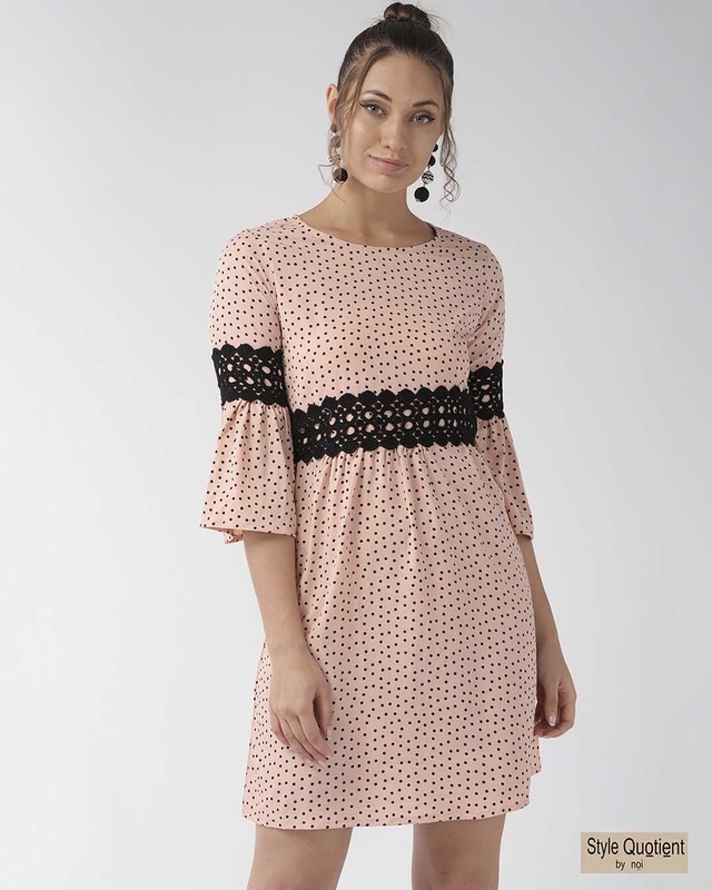 Shop Style Quotient Women Peach Coloured & Black Printed A-Line Dress-Front