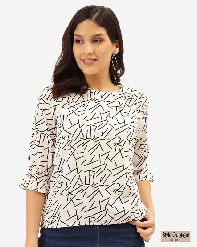 Shop Style Quotient Women White & Black Abstract Print Regular Top-Front