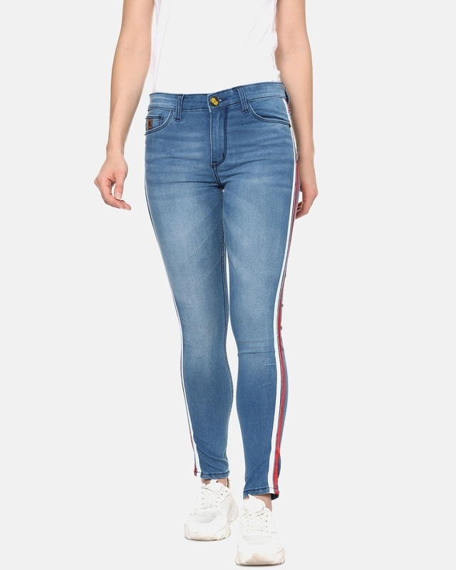 Shop Super Skinny Side Striped Women's Blue Denim Jeans-Front