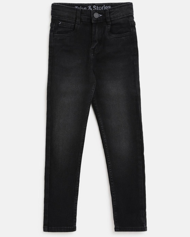 Shop Tales & Stories Boys Black Washed Slim Fit Jeans-Front
