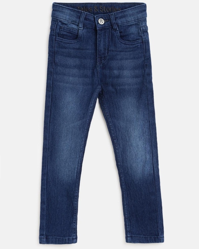 Shop Boys Blue Washed Slim Fit Jeans-Front