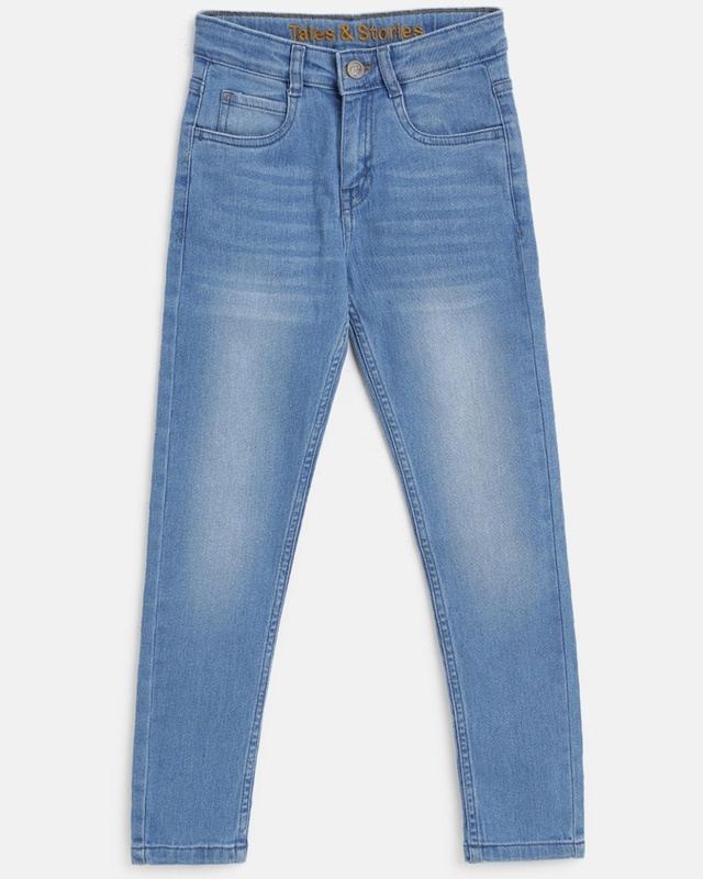 Shop Boys Blue Washed Slim Fit Jeans-Front