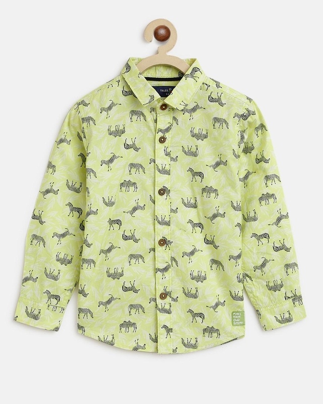 Shop Tales & Stories Boys Neon Green Printed Shirt-Front