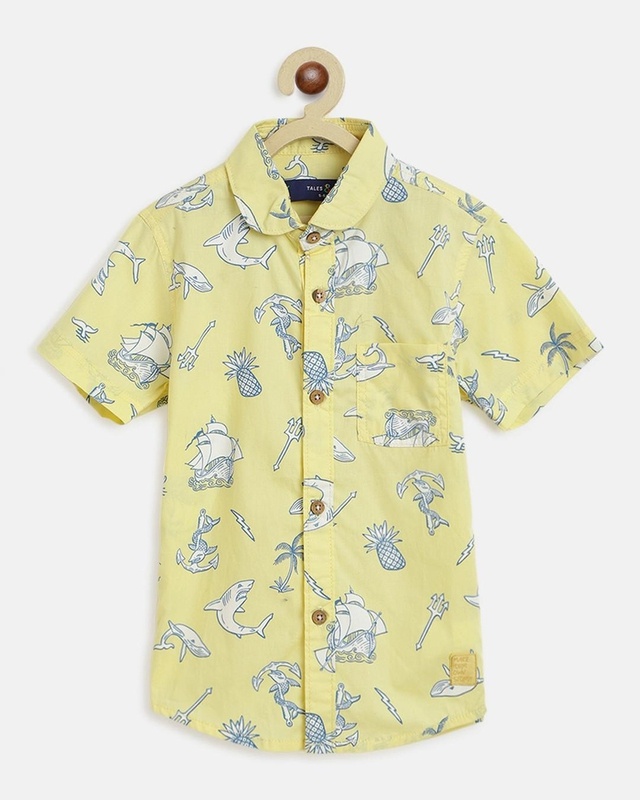 Shop Tales & Stories Boys Yellow Printed Shirt-Front